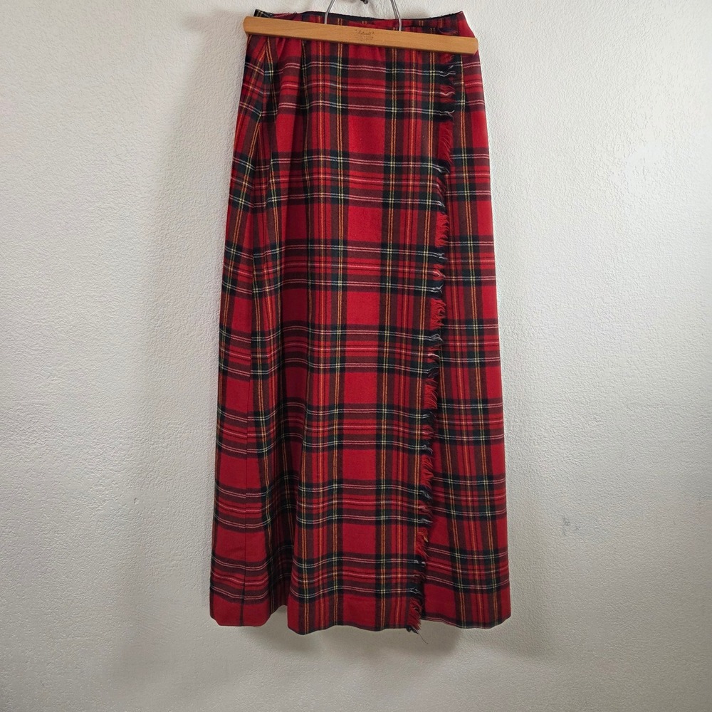 Vtg Wool Sears JR Bazaar Red Plaid Fringed Maxi Skirt 7 Wrap Style 70s Tartan